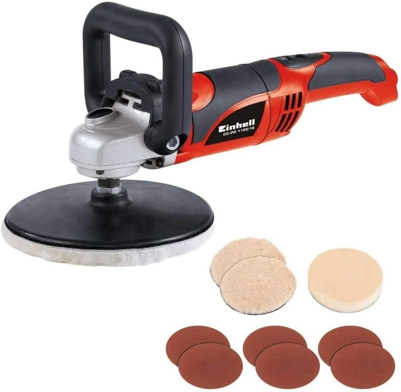 Einhell Polishing and Sanding Machine 1100W, Spindle Lock, Hook-and-Loop Fastener, Car Polishing Kit with Accessories and Plastic Case CC-PO 1100/1E