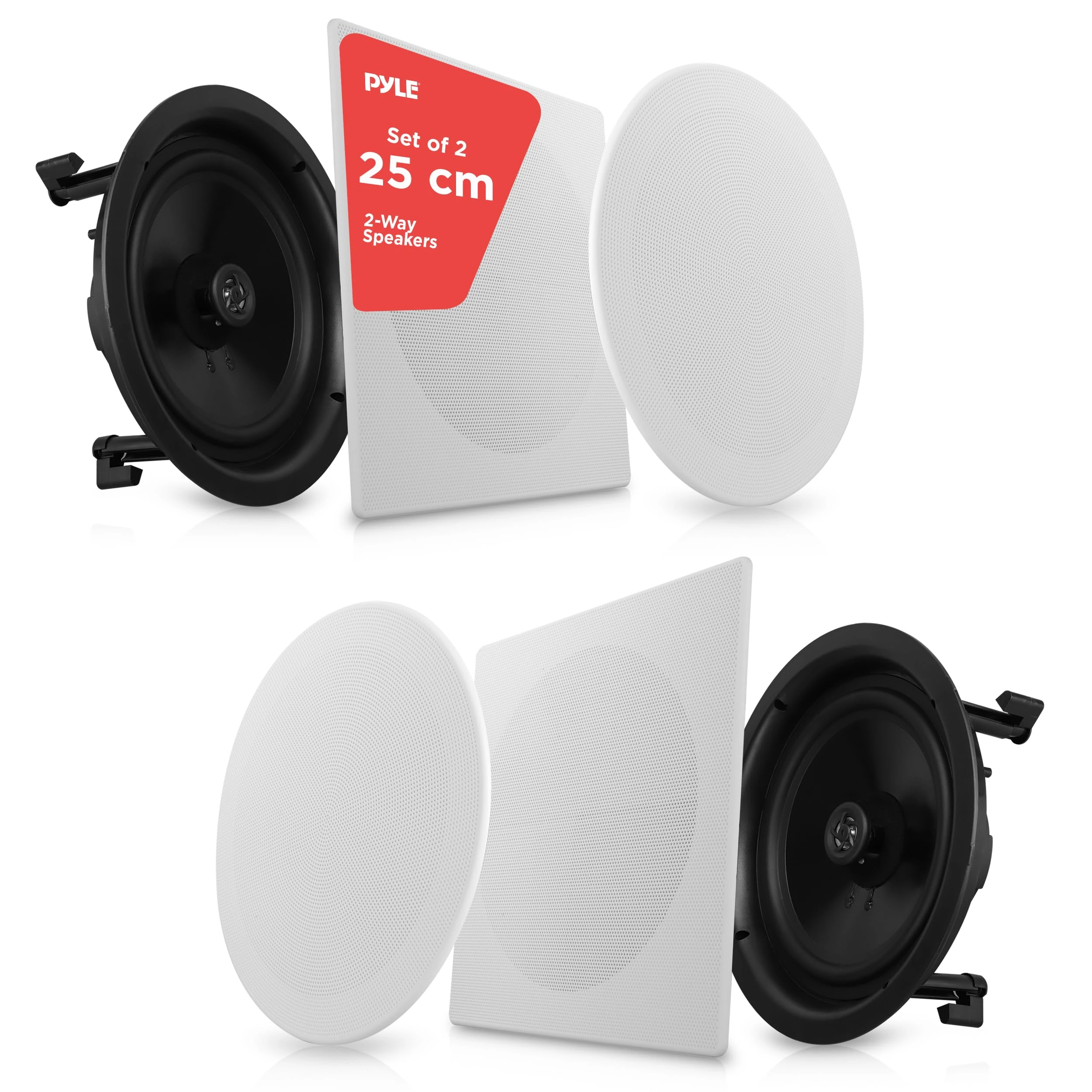 Pyle Pair 25cm Flush Mount in-Wall in-Ceiling 2-Way Speaker System Spring Loaded Quick Connections Changeable Round/Square Grill Stereo Sound Polypropylene Cone Polymer Tweeter 300 Watts