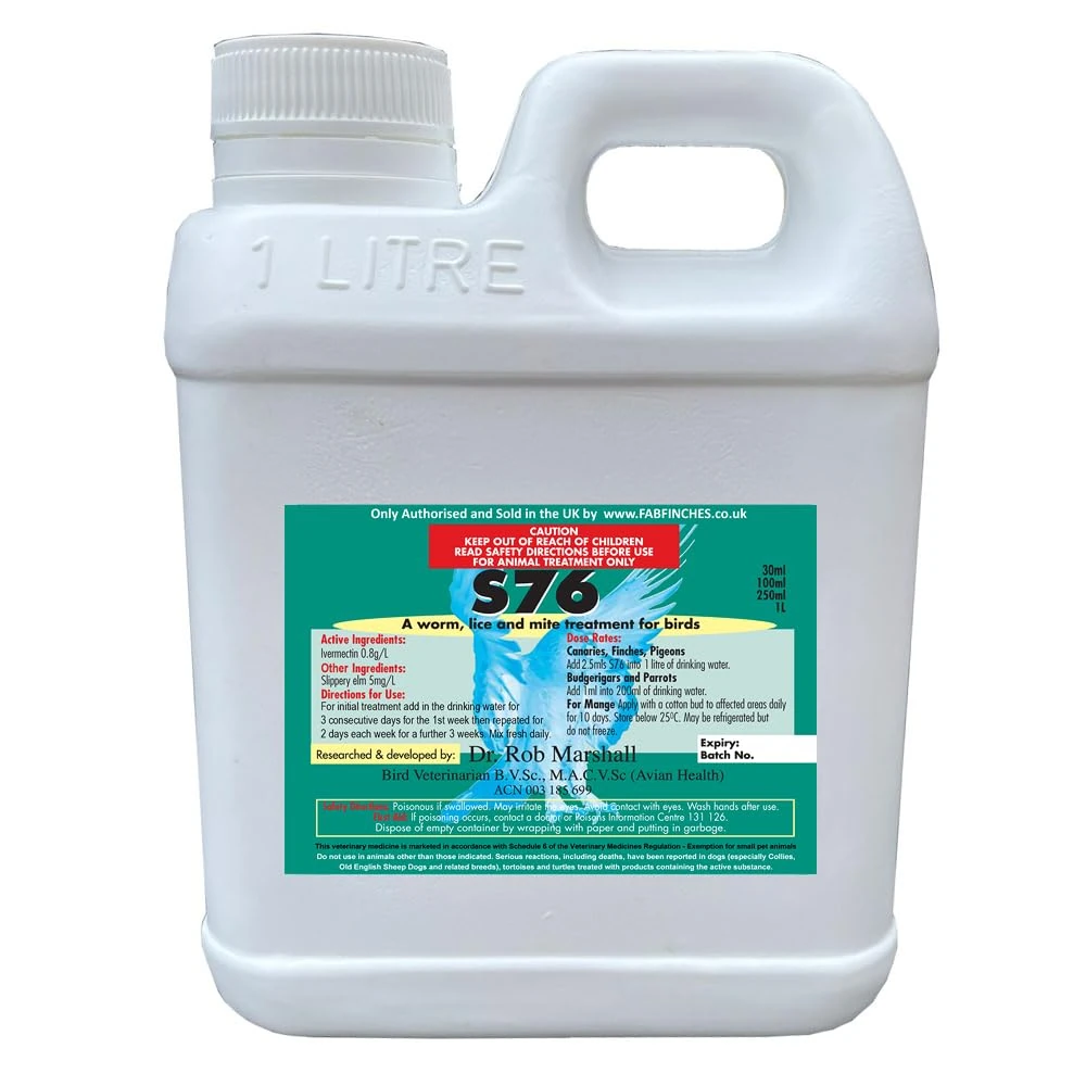 Fab Finches s76 for Air Sac Birds Mites Red Mite Worms Wormer Lice In Water Treatment (1L)