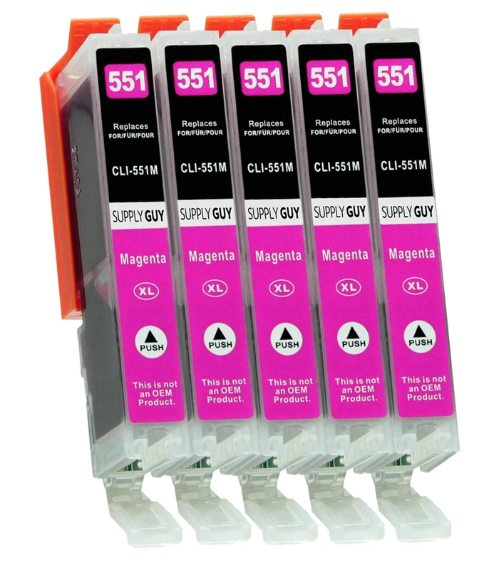 Supply Guy 5 Ink Cartridges compatible with Canon CLI-551 Magenta with Chip and Level Indicator for IP7250 IP8750 IX6850 MG5450 MG5550 MG5650 MG5655 MG6350 MG6450 MG6650 MG7150 MG7550 MX725 MX925