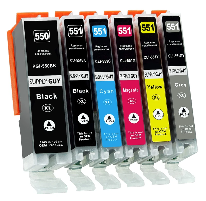 Supply Guy 6 Ink cartridges compatible with Canon PGI-550 XL/CLI-551 XL (incl. Grey) with Chip and Level Indicator for Canon Pixma IP8700 IP8750 MG6300 MG6350 MG7100 MG7150 MG7500 MG7550