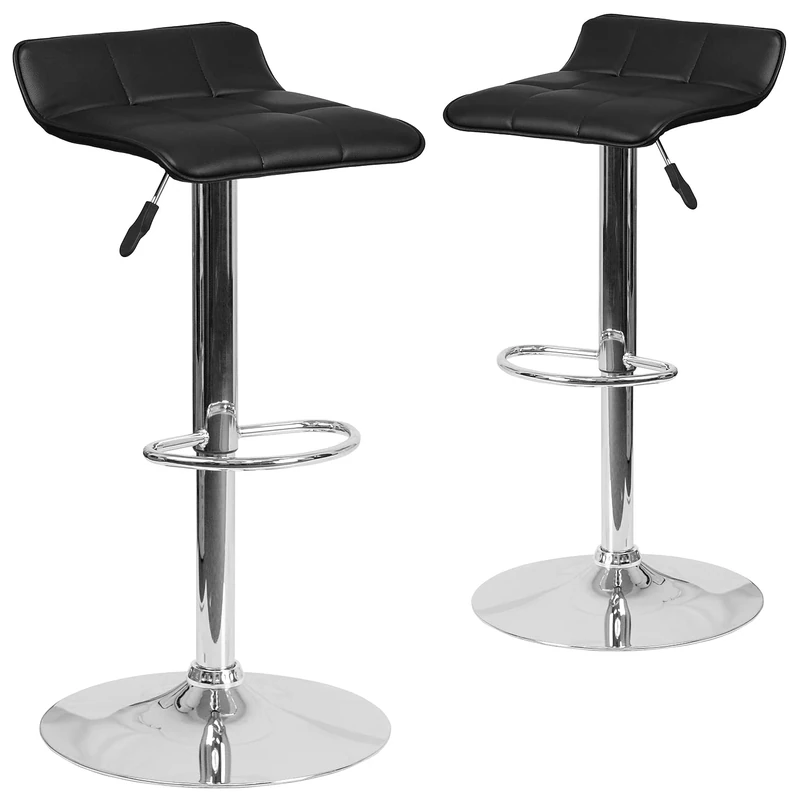 Flash Furniture Alice 2 Pack Contemporary Black Vinyl Adjustable Height Barstool with Quilted Wave Seat and Chrome Base