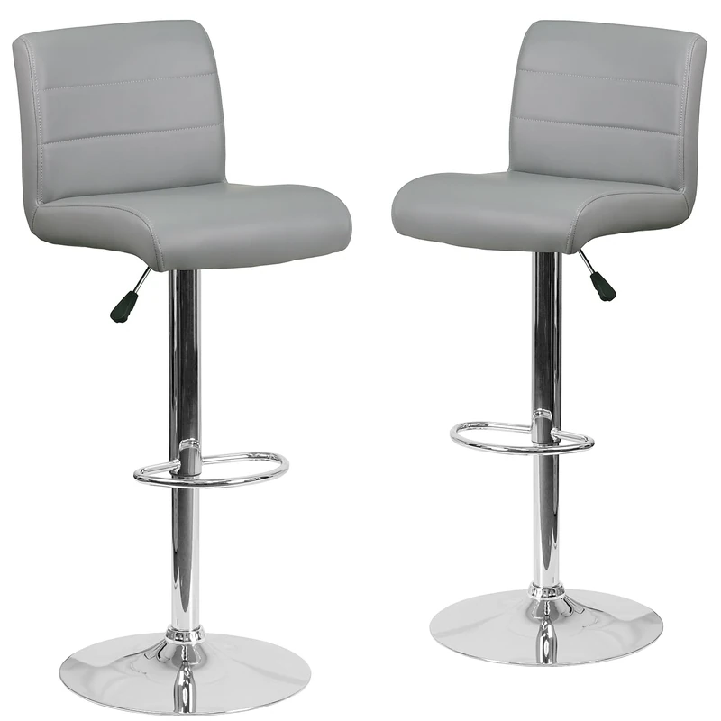 Flash Furniture Marietta 2 Pack Contemporary Gray Vinyl Adjustable Height Barstool with Rolled Seat and Chrome Base