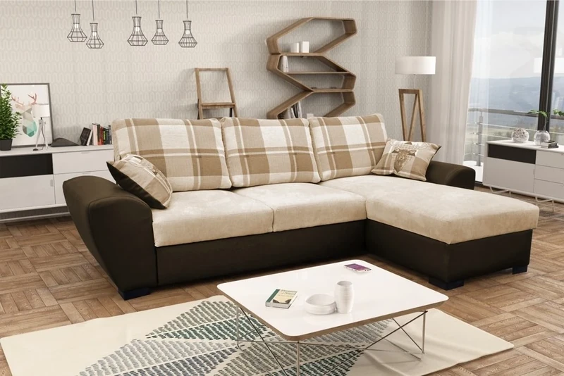 Alabama Corner Sofa Bed Black and Grey or Brown and Cream Fabric Leather With Storage (Right, Brown/Cream)