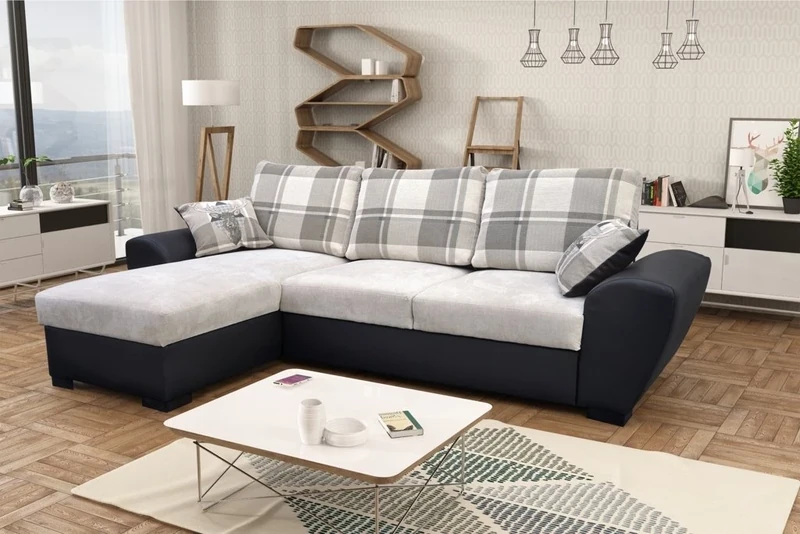 Alabama Corner Sofa Bed Black and Grey or Brown and Cream Fabric Leather With Storage (Left, Grey/Black)