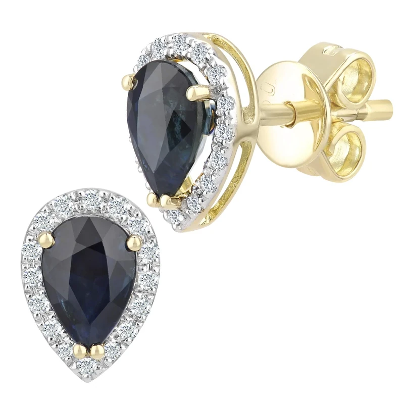Naava 18ct Yellow Gold Teardrop Stud Earrings for Women - Certified Gold Earrings with Natural Sapphire and 0.25ct Round Diamonds