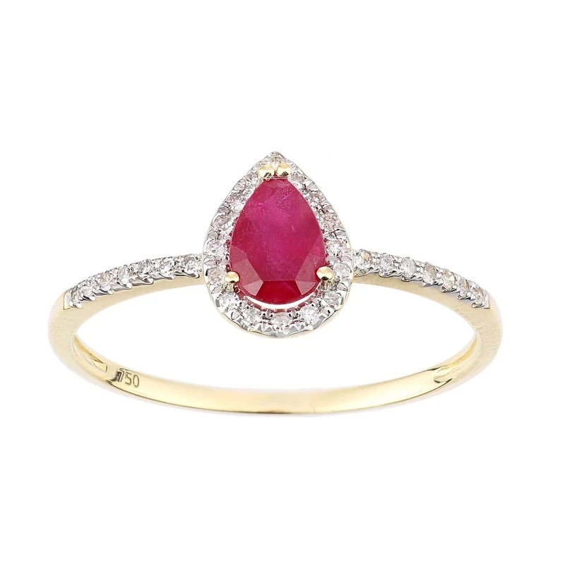 Naava Women's 18ct Yellow Gold Ruby and Diamond Teardrop Gemstone Ring - Size O - Image 1
