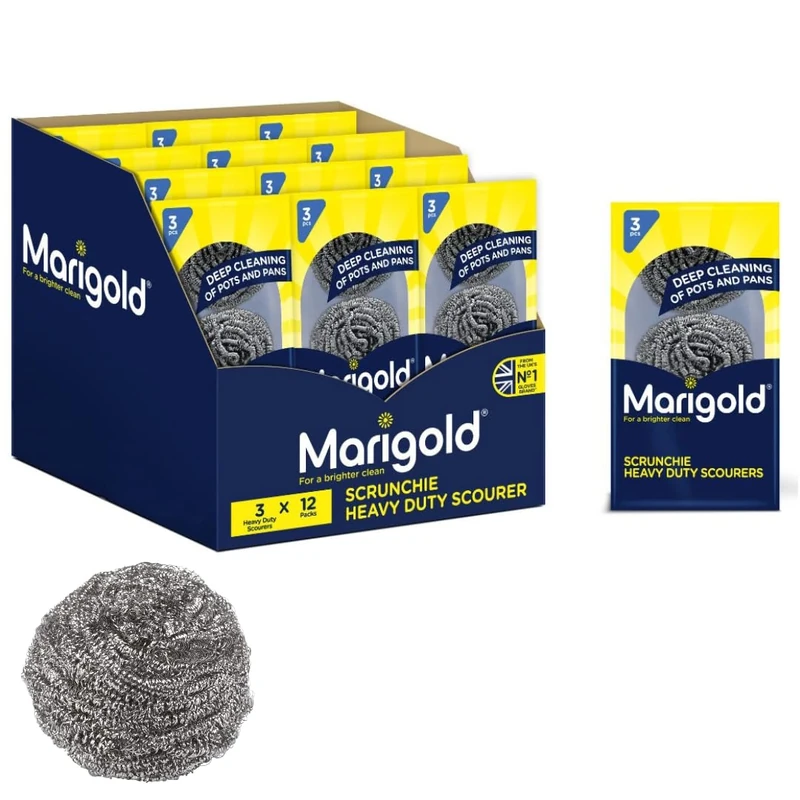 Marigold Scrunchie Stainless Steel Scourers - Heavy Duty Metal Scourer - Case Pack of 12 x 3 Packs - 36 Scouring Pads