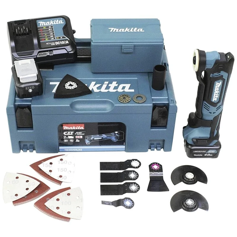 Makita TM30DSMJX5 Battery Multifunction Tool 10.8 V / 4.0 Ah, 2 Batteries, Charger, Makpac Including 41-Piece Accessory Set, 170 W, 10.8 V, Turquoise Black, with 2 x 4.0 Ah Including Assortment of