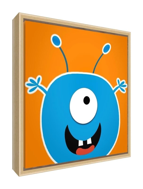 Feel Good Art Eco-Printed and Framed Nursery Canvas with Solid Natural Wooden Frame (55 x 55 x 3 cm, Large, Orange, Clyde The Cyclops Monster)