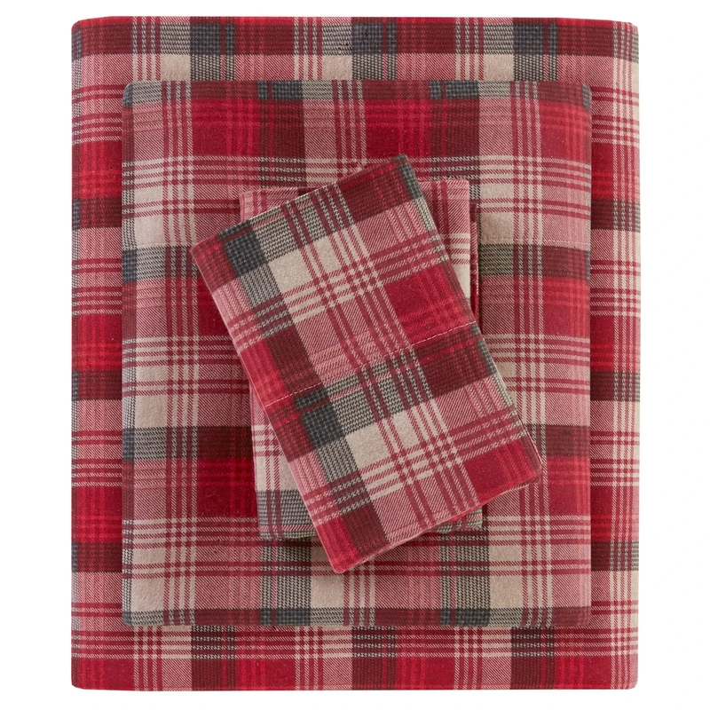 Woolrich Cotton Sheet Set Cottage Charms Print, 100% Cotton Flannel Sheets Warm & Fuzzy Bedding Set Queen Size Sheets, Fitted Pocket Fits Up to 14" Mattress, Queen Red Plaid, 4 Piece