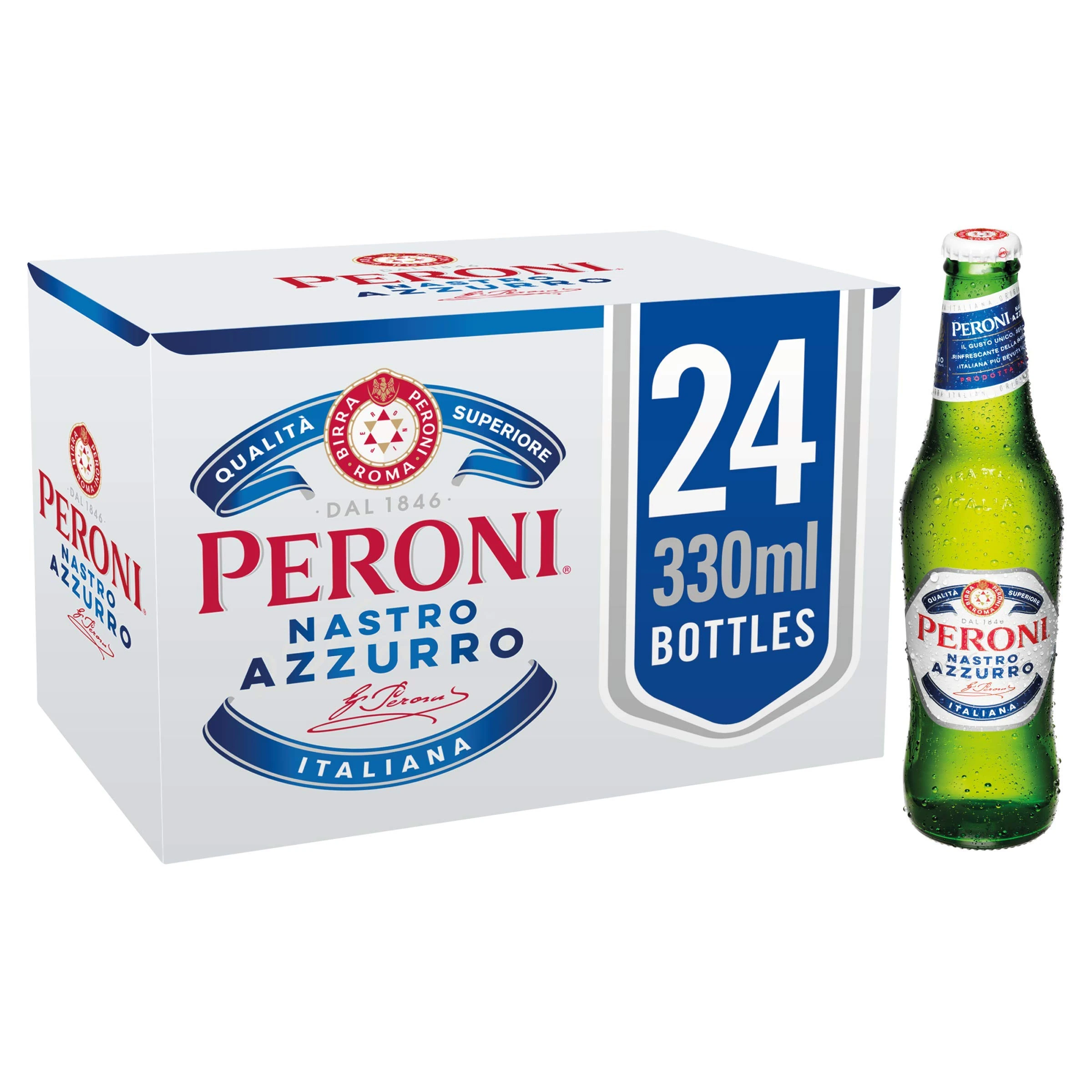 Peroni Nastro Azzurro Italian Lager, 24 x 330ml, 5% ABV, Brewed in Italy, Premium Lager (Packaging may vary)