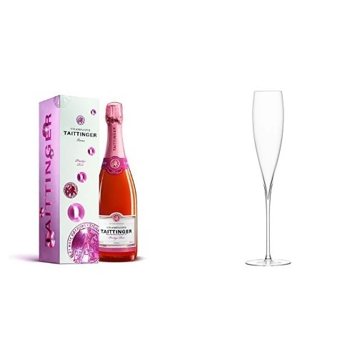 Champagne Taittinger Brut Prestige Rose Champagne in Gift Box Non Vintage 75 cl and LSA International Savoy Champagne Flute (Pack of 2)