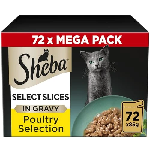 Sheba Select Slices in Gravy – Poultry Selection – Wet cat food pouches for adult cats – 72 x 85g pack