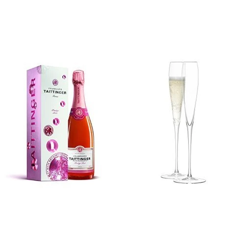 Champagne Taittinger Brut Prestige Rose Champagne in Gift Box Non Vintage 75 cl and LSA International Wine Grand Champagne Flute (Pack of 2)