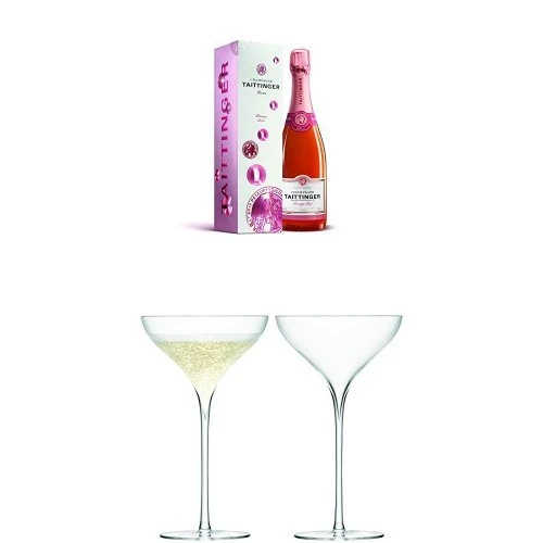 Champagne Taittinger Brut Prestige Rose Champagne in Gift Box Non Vintage 75 cl and LSA International Savoy Champagne Saucer (Pack of 2)