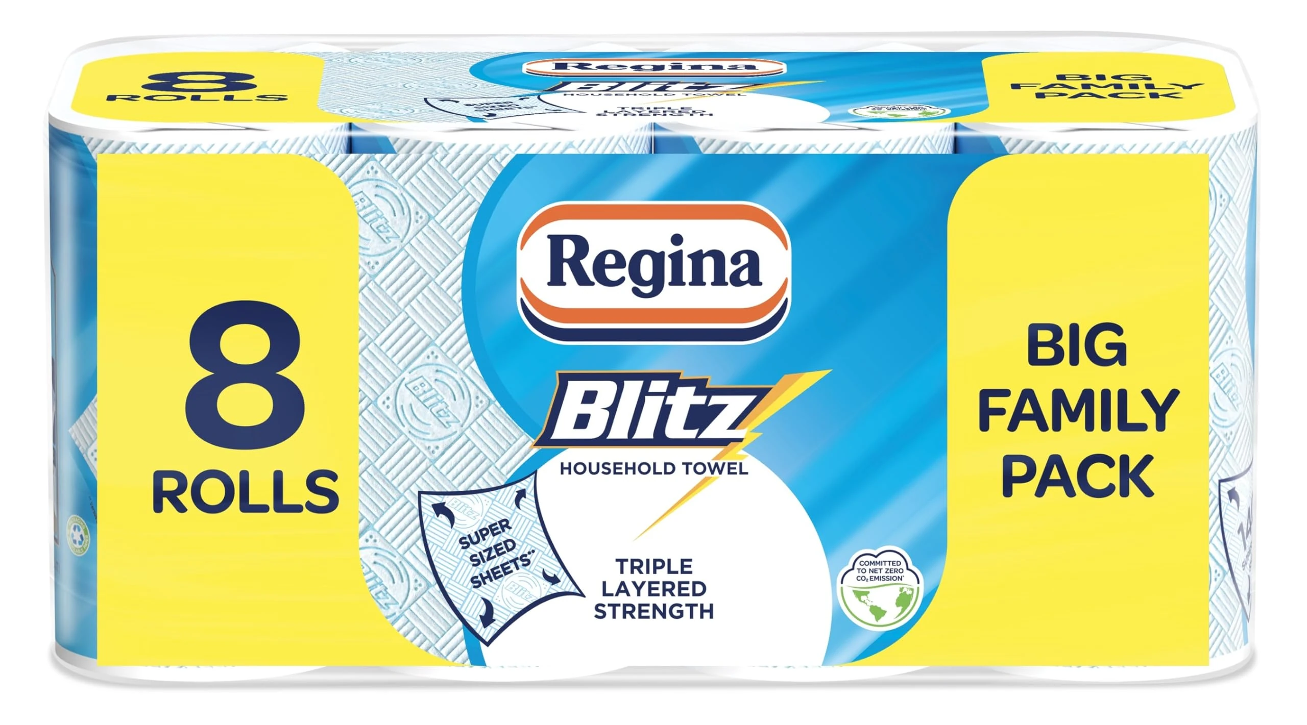 Regina Blitz Household Towels – 8 Triple Layered Rolls, 140 Sheets Per Roll, Paper Packaging, FSC Certified Paper, Recyclable Packaging, 60% Larger Than Standard Kitchen Roll Sheets