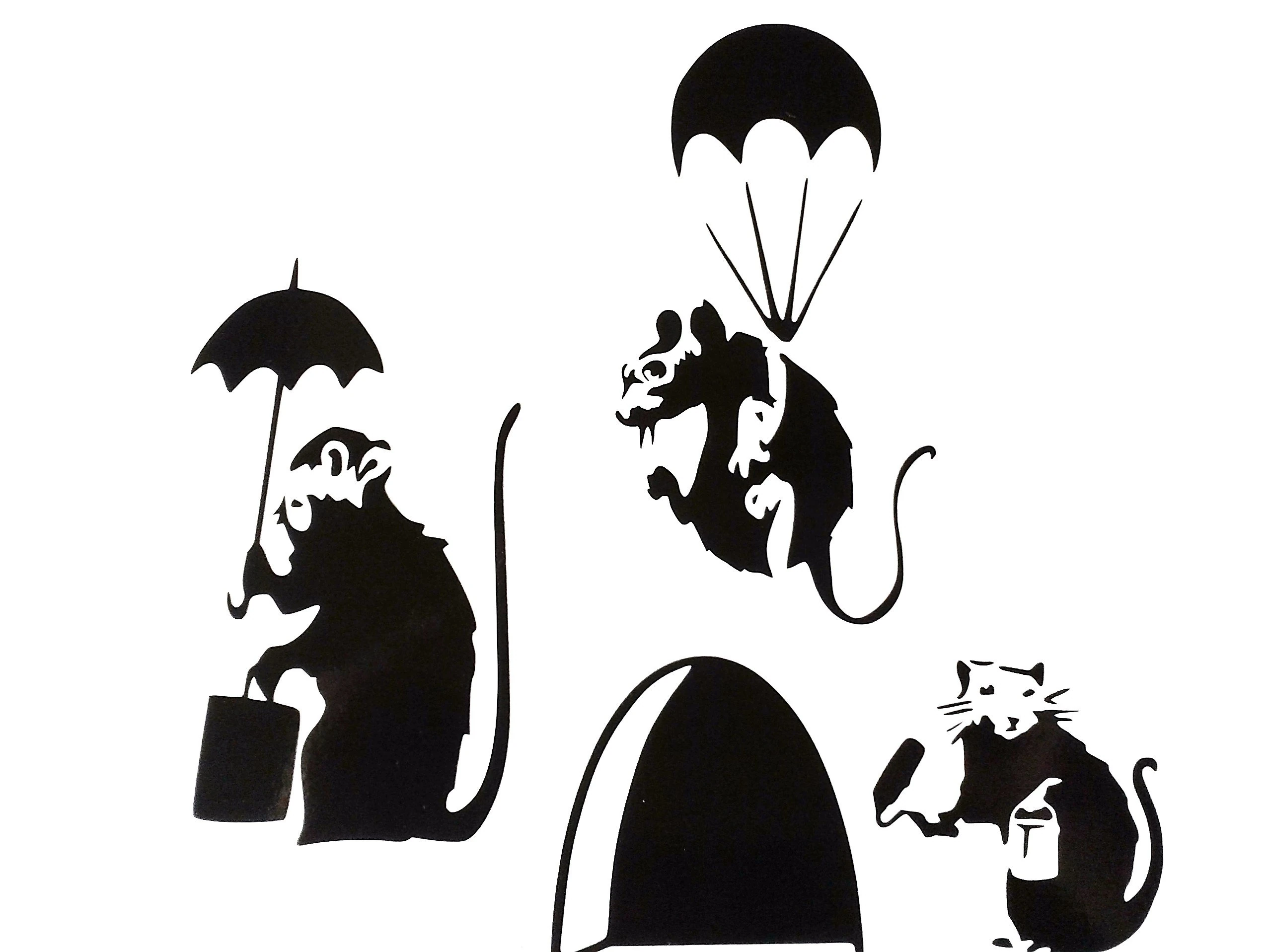 Mouse Hole Banksy Set of Three " SMALL BANKSY RAT WITH PAINT TIN AND ROLLER / PARATROOPER / UMBRELLA " Skirting Board Wall Stickers Vinyl Decal " 3 x 11cm x 5cm UKSELLINGSUPPLIERS®