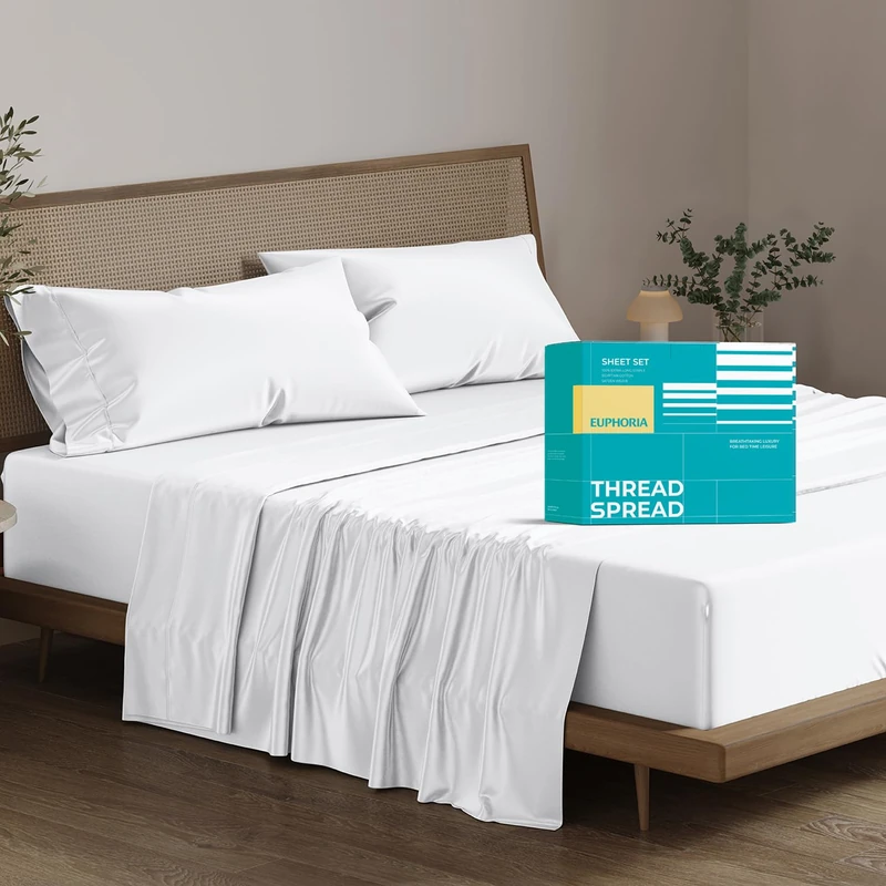 THREAD SPREAD Egyptian Cotton King Size Sheets Set - 800 Series High Thread Count King Sheet Set (4 PC, White), Soft, Cooling, 16" Deep Pocket Sateen Weave Euphoria Collection Luxury Hotel Bedding