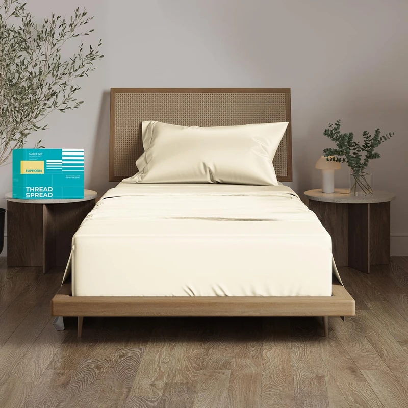 THREAD SPREAD 100% Egyptian Cotton Sheets Twin Size - 800 Series Euphoria Collection Extra Long Twin Sheets for Dorm (3 PC, Ivory), 16" Deep Pocket Cooling Hotel Sheet Set for Twin Size Bed