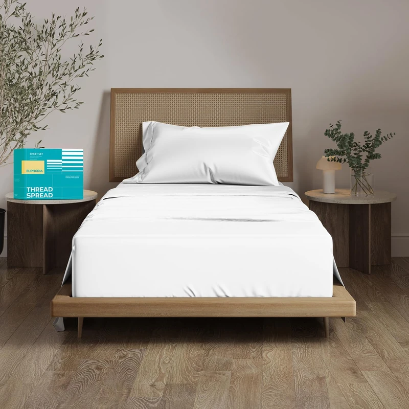 THREAD SPREAD 100% Egyptian Cotton Sheets Twin Size - 800 Series Euphoria Collection Extra Long Twin Sheets for Dorm (3 PC,White), 16" Deep Pocket Cooling Hotel Sheet Set for Twin Size Bed