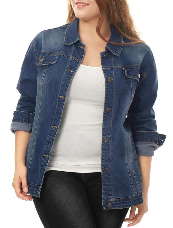 Uxcell Women's Plus Size Jean Jacket Stitching Button Front Washed Western Outfit Denim Jacket Blue XL