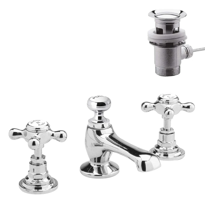 Hudson Reed Old London BC307HX Topaz | Traditional Bathroom 3 Hole Basin Mixer Taps with Crosshead Handles and Hexagonal Collars with Pop-Up Waste, 94mm x 246mm, Chrome/White, 3TH, Set of 3 Pieces