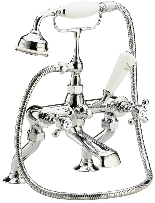 Hudson Reed BC304HX Topaz Traditional Bathroom Deck Mounted Bath Mixer with Shower Kit, Crosshead Handles and Hexagonal Collars, 320mm x 350mm, Chrome/White, Tap, Set of 5 Pieces