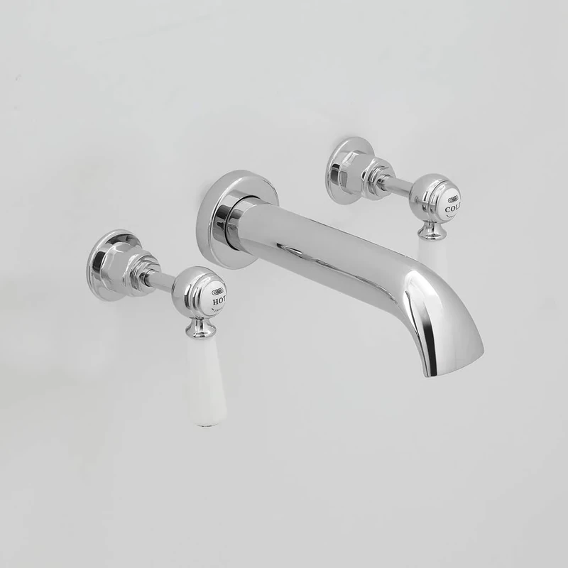 Old London BC309DL Topaz | Traditional Bathroom Wall Mounted Bath Spout and Top Taps with Lever Handles and Domed Collars, 69mm x 218mm, Chrome/White