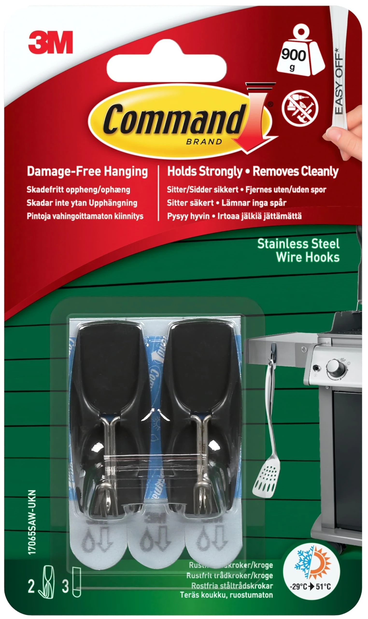 Command Outdoor Black Stainless Steel Wire Hooks - 2 Hooks, 3 Adhesive Strips - Damage Free Hanging
