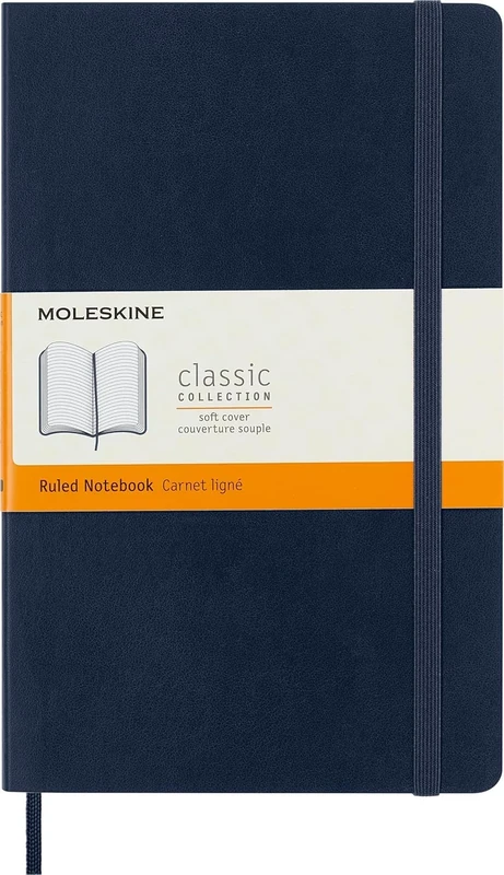 Moleskine Classic Ruled Paper Notebook, Soft Cover and Elastic Closure Journal, Color Sapphire Blue, Size Large 13 x 21 A5, 192 Pages