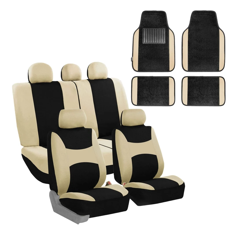 FH GROUP FH-FB030115 Light & Breezy Cloth Seat Cover Set Airbag & Split Ready with Premium Carpet Floor Mats Beige/Black- Fit Most Car, Truck, Suv, or Van