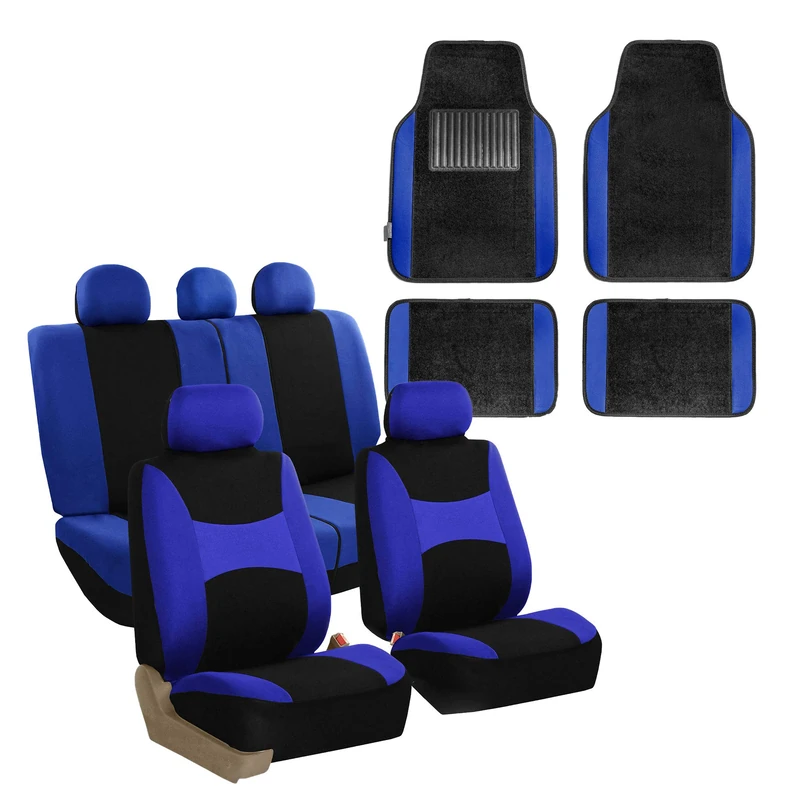 FH GROUP FH-FB030115 Light & Breezy Cloth Seat Cover Set Airbag & Split Ready with Premium Carpet Floor Mats Blue/Black - Fit Most Car, Truck, Suv, or Van