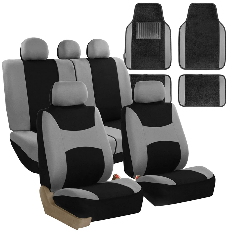 FH GROUP Light & Breezy Cloth Seat Full Car Seat Covers (Airbag & Split Ready) with Carpet Floor Mats- Universal Car, Truck, SUV, or Van (Gray/Black) FB030115