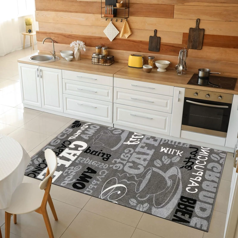 VIMODA Trendy Coffee Rug, various Fonts and Pattern, Mottled in Grey, white and black ideal for the Lounge or Kitchen - ÖKO TEX Certified - Black, 60 cm x 110 cm - Image 1
