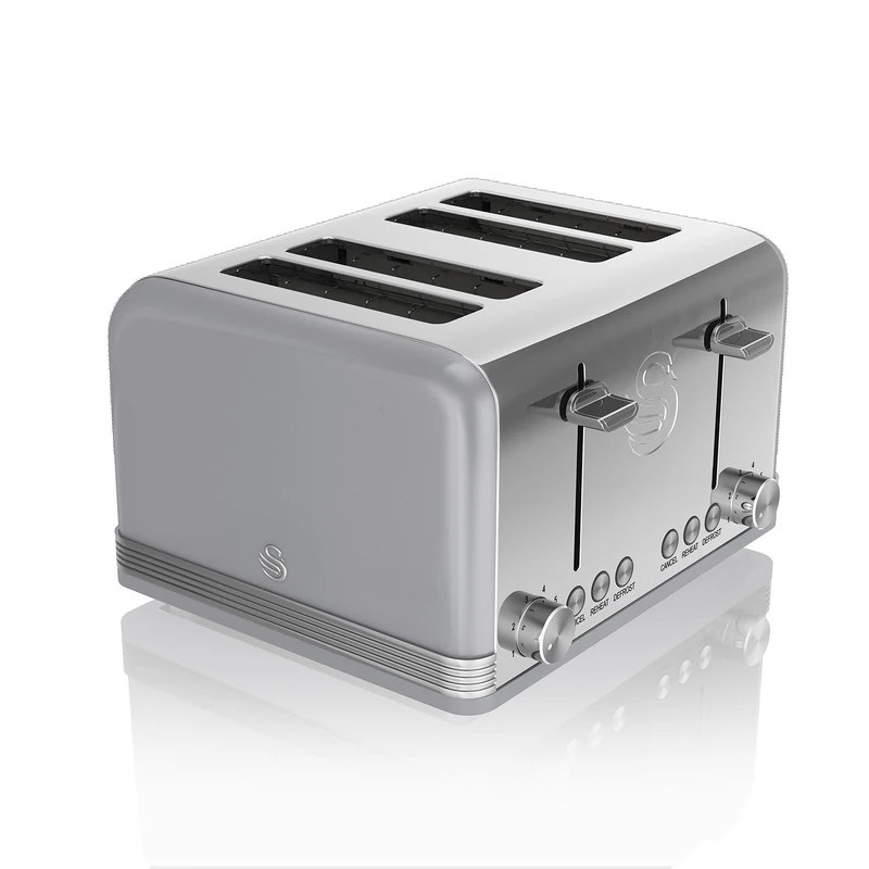 Swan ST19020GRN Retro 4-Slice Toaster with Defost/Reheat/Cancel Functions, Cord Storage, 1600W, Retro Grey