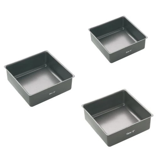 Master Class Non-Stick Deep Square Cake Tin with Loose Base, Set of 3, 25 cm (10") + 20 cm (8") + 15 cm (6")