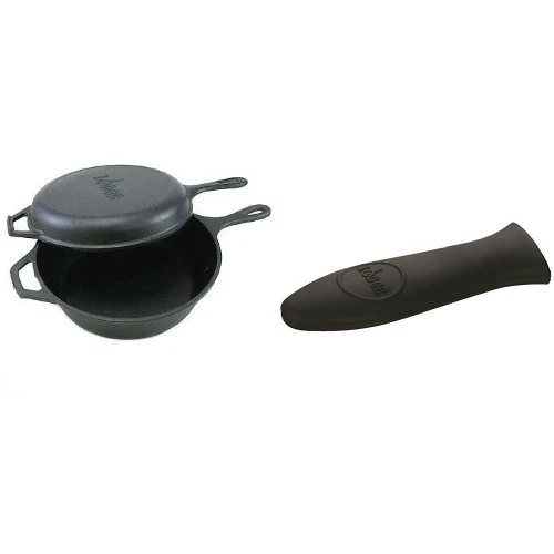 Lodge 3 litre / 3.2 quart Pre-Seasoned Cast Iron Combo Cooker + Lodge Classic Silicone Hot Handle Holder, Black