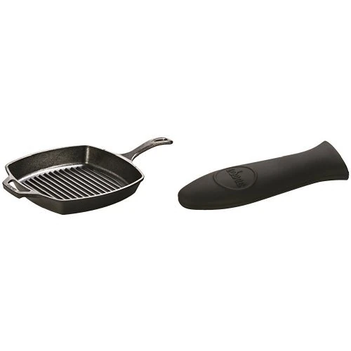 Lodge 26.67 cm / 10.5 inch Pre-Seasoned Cast Iron Square Grill Pan/Fat-Free Fryer & Classic Silicone Hot Handle Holder, Black, Inquiries-by email