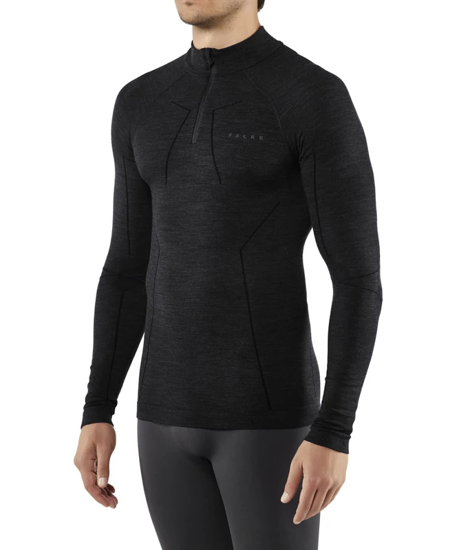 FALKE Men's Wool-Tech High Zip Neck M L/S SH Thermal Breathable Quick Dry 1 Piece Base Layer Top, Black (Black 3000), S