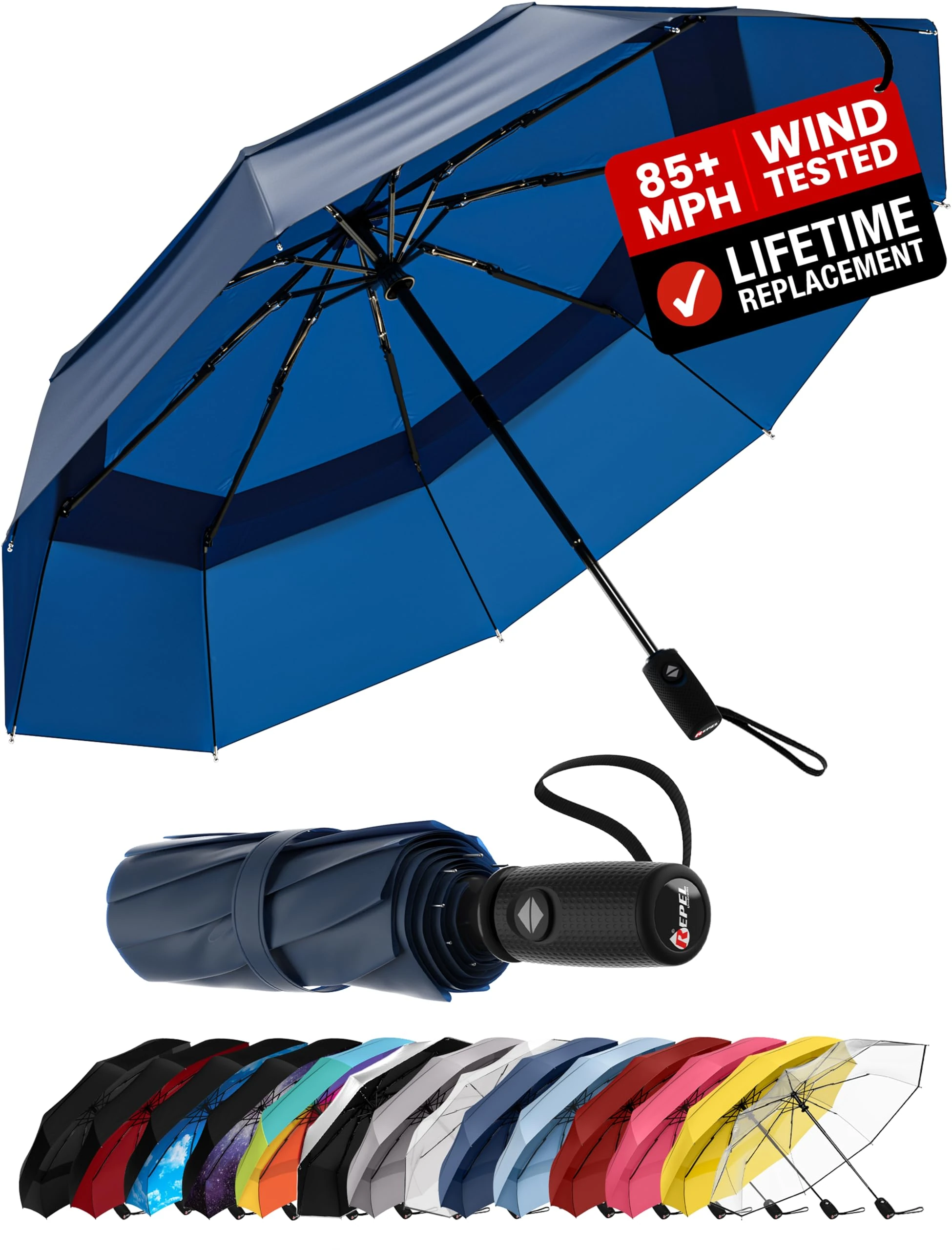 Repel Umbrella Windproof Travel Umbrellas for Rain - Easy Auto Open Close, Durable & Compact Umbrella, Strong Fiberglass Frame, Waterproof Canopy - Backpack, Purse, Portable Umbrella for Travel