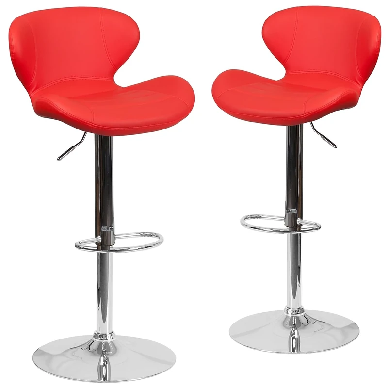 Flash Furniture Denville 2 Pack Contemporary Red Vinyl Adjustable Height Barstool with Curved Back and Chrome Base
