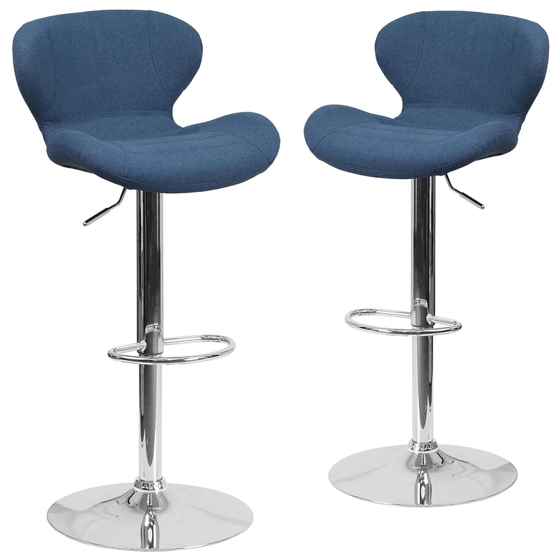 Flash Furniture Denville 2 Pack Contemporary Blue Fabric Adjustable Height Barstool with Curved Back and Chrome Base