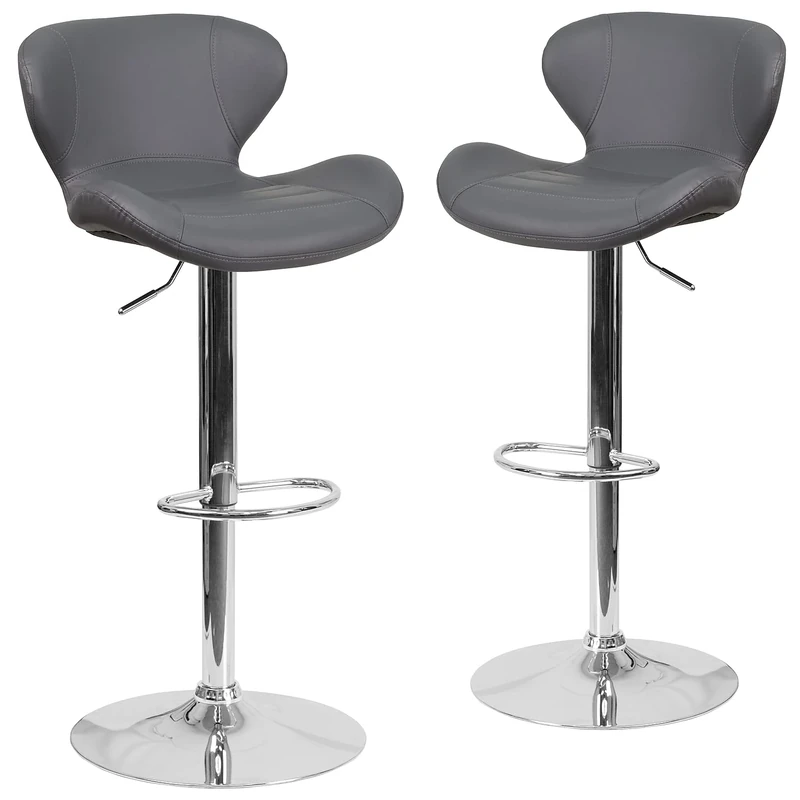 Flash Furniture Denville 2 Pack Contemporary Gray Vinyl Adjustable Height Barstool with Curved Back and Chrome Base