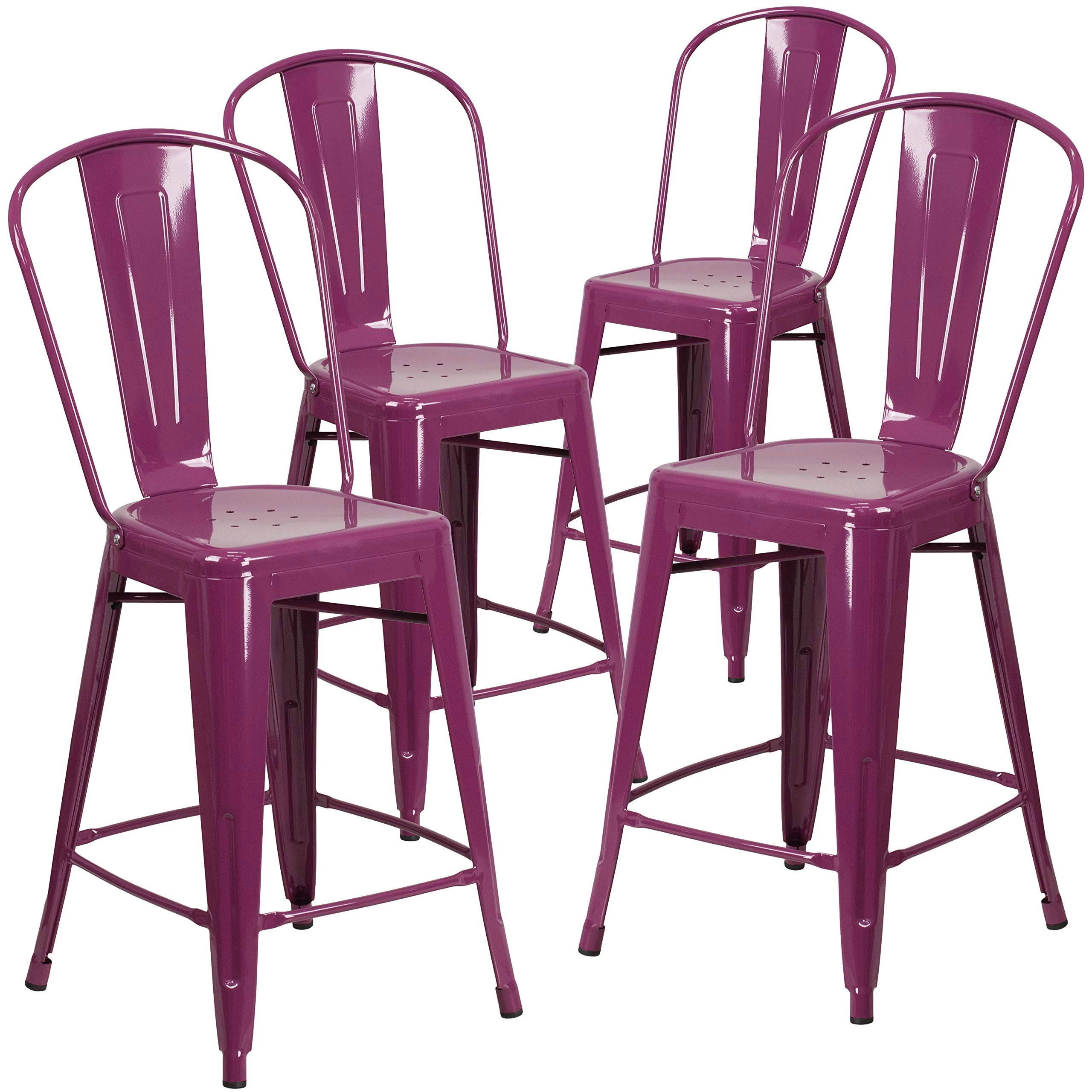 Flash Furniture Blake Commercial Grade 4 Pack 24" High Purple Metal Indoor-Outdoor Counter Height Stool with Back