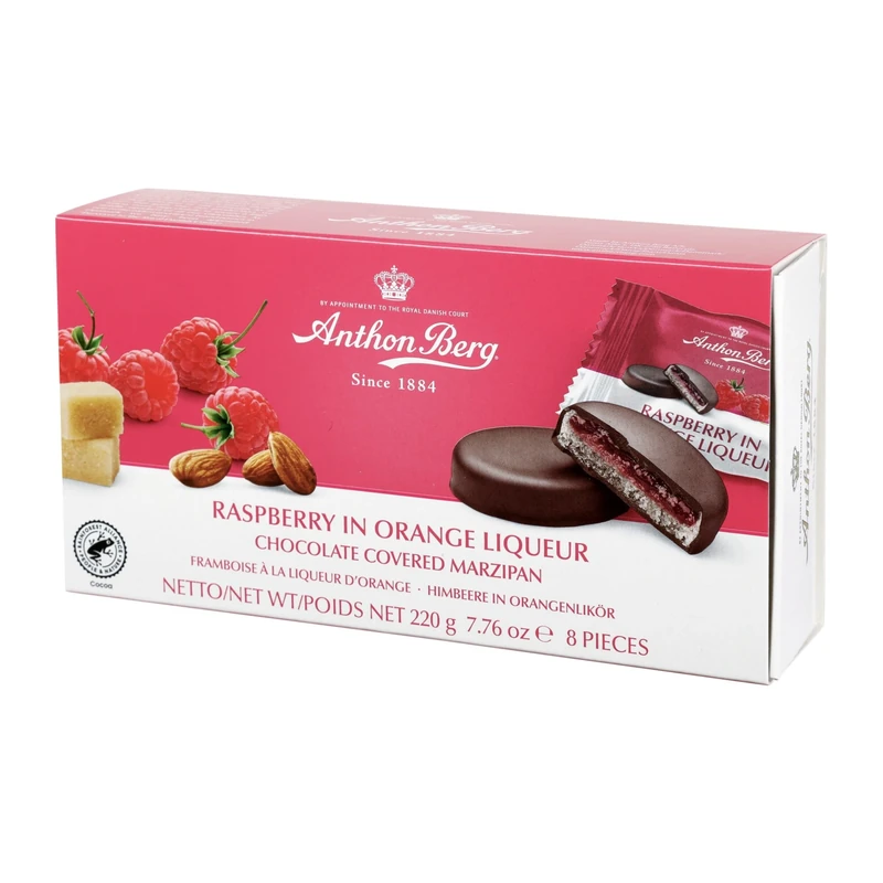 Anthon Berg Dark Chocolate Covered Marzipan Treats, Raspberry in Orange Liqueur, with a Delicious Jam of Fresh Fruits, 220 g Box (Pack of 1)