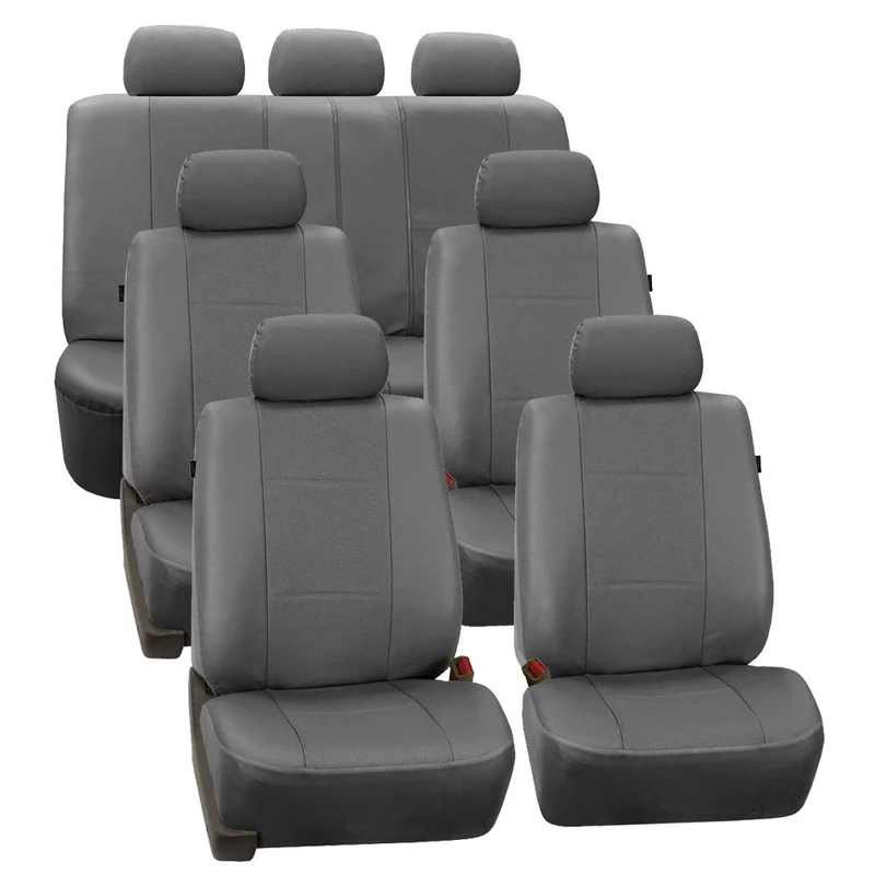 FH GROUP FH-PU007217 3 Row Deluxe Leatherette Car Seat Covers w. 7 Headrests, Airbag compatible and Rear Split Bench, Gray Color