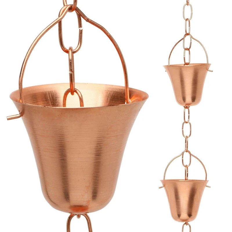 Rain Chain - Pure Copper - by Golden Canary, Ready to Install in Gutter, Decorative Downspout Replacement for Collecting Water in a Barrel (8 Feet)