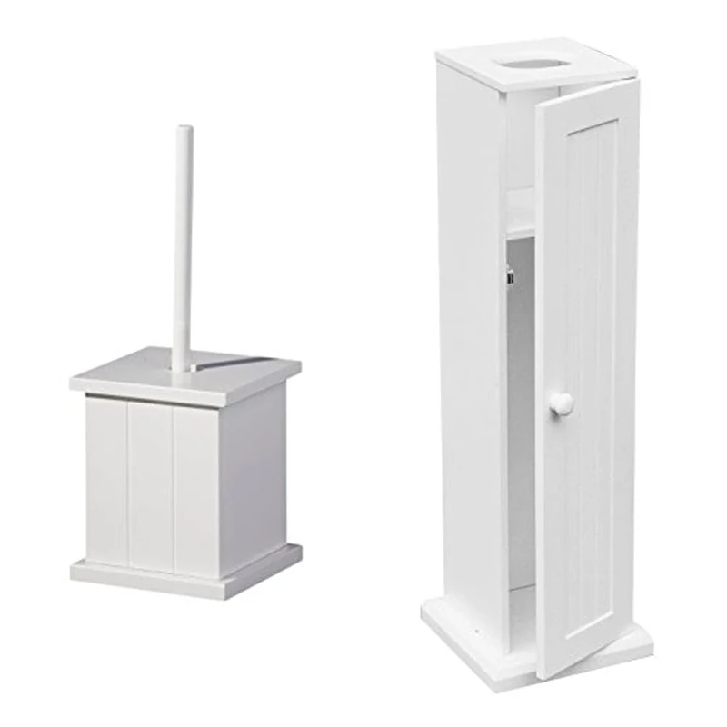 Premier Housewares Floorstanding Toilet Roll Holder - White with Wooden Toilet Brush Holder - White