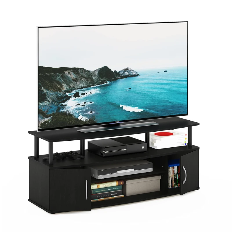 Furinno JAYA TV Stand, Entertainment Center, TV Console, for TV up to 55 Inch, with 2 Doors and Cable Management Holes, for Living Room, Bedroom, Black